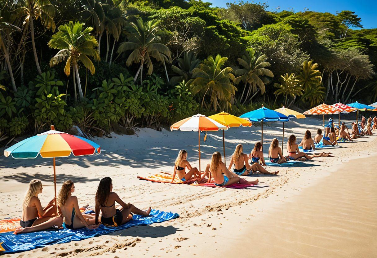 A vibrant beach scene showcasing diverse models in trendy swimwear, surrounded by colorful beach umbrellas and tropical flora. The sun is shining brightly, creating a warm, inviting atmosphere, while people enjoy activities like beach volleyball and surfing. Emphasize bold patterns and styles in the swimwear, capturing the essence of summer fun. Rich blue ocean waves and soft golden sand complete the picturesque setting. super-realistic. vibrant colors. lively summer vibe.
