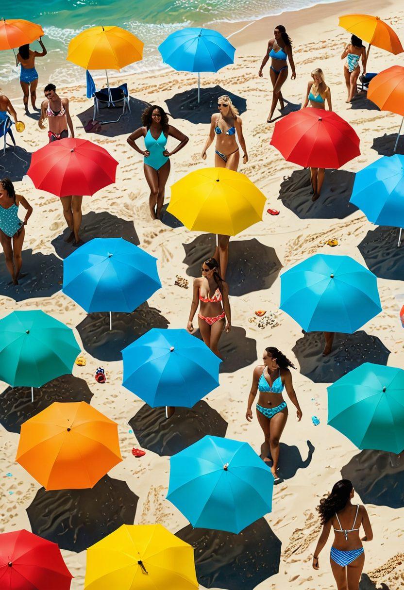 A vibrant summer scene showcasing a diverse group of people in stylish swimwear, transitioning from elegant two-piece bikinis to sporty one-piece suits. Bright beach umbrellas, colorful towels, and playful beach balls enhance the atmosphere, while a sparkling turquoise ocean waves in the background. The characters display a variety of body types and ethnicities, celebrating inclusivity and confidence in swimwear choices. sunlit beach, joyful expressions, summer vibes. super-realistic. vibrant colors.
